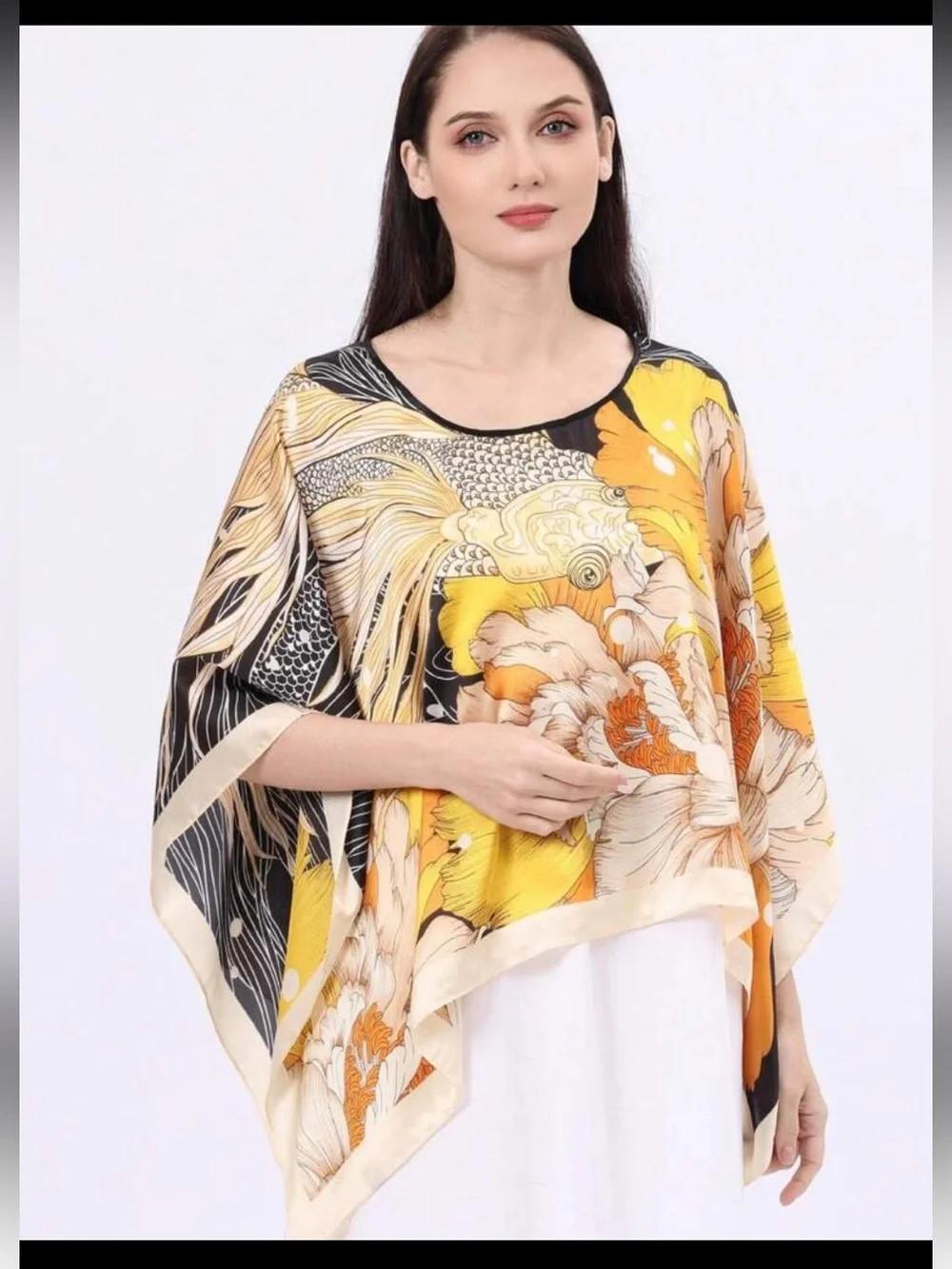 Floral Print Silk-Look Poncho Top in Yellow & Black Shawl